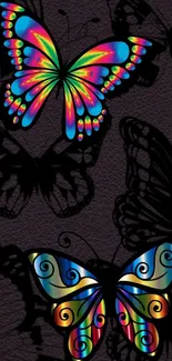 Vibrant butterfly designs on dark textured background.