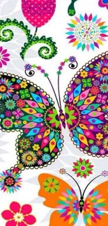 Colorful butterfly wallpaper with intricate patterns on a white background.