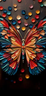 Vibrant butterfly with colorful patterns and artistic details on a dark background.