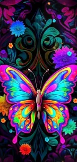 Colorful neon butterfly with floral background.