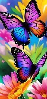 Vibrant butterflies with colorful floral background.