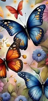 Colorful butterfly and floral wallpaper art.