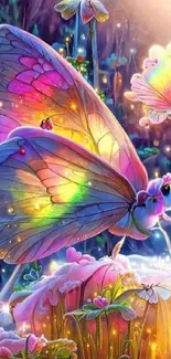 Colorful butterfly art in a magical garden setting.