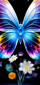 Vibrant butterfly with colorful wings and flowers on a dark background.