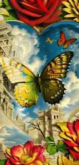 Vibrant butterfly surrounded by flowers and architecture in mobile wallpaper.