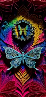 Vibrant butterfly-themed artwork with intricate patterns on a phone wallpaper.