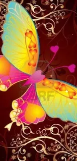 Vibrant butterfly with colorful wings on a floral background.