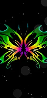 Vibrant neon butterfly on a black background, digital art.