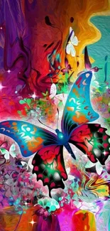 Vibrant, abstract butterfly in colorful art wallpaper design.