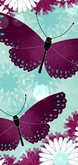 Artistic wallpaper with purple butterflies and white flowers on a teal background.