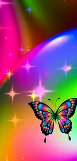 Vibrant neon butterfly with colorful stars on a mobile wallpaper.