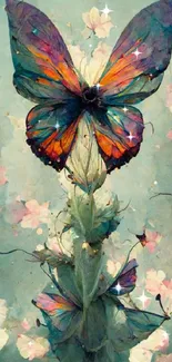 Vibrant butterfly with pastel flowers creating an artistic mobile wallpaper.