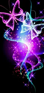 Vibrant neon butterflies with glowing colors on a dark background.