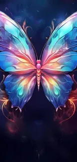 Vibrant neon butterfly with colorful wings on a dark background.