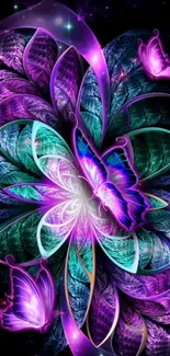 Vibrant purple and blue butterfly floral art wallpaper.