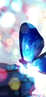 Blue butterfly with bokeh background on mobile wallpaper.