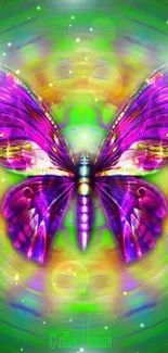 Vibrant purple butterfly on a green background in digital art.