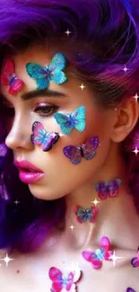 Vibrant wallpaper with purple hair and colorful butterflies.