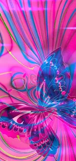 Vibrant abstract butterfly design with pink and blue swirls on wallpaper.