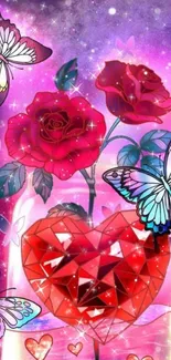 Colorful wallpaper with butterflies, roses, and a sparkling heart.