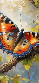 Vibrant butterfly on a branch with colorful details and leafy backdrop.