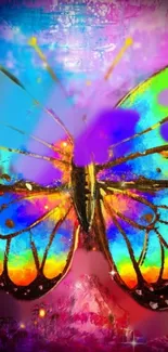 Vibrant rainbow butterfly with colorful background.