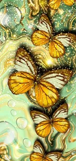 Vibrant wallpaper with swirling butterflies and golden hues.