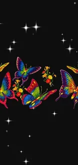 Colorful butterflies and flowers on black background mobile wallpaper.