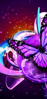 Purple butterfly on vibrant, abstract background wallpaper.