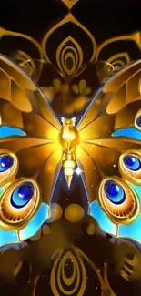 Vibrant butterfly art wallpaper with gold and blue hues.