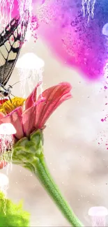 Butterfly on vibrant flower with colorful artistic splashes.