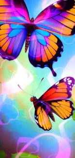 Bright colorful butterflies in a vibrant sky with leaves.