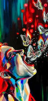 Vibrant digital art of a woman and butterflies in vivid colors.