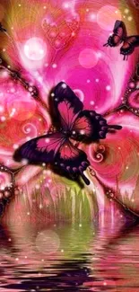 Vibrant pink and purple butterfly art wallpaper with abstract design features.