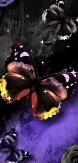 Vibrant butterfly art with purple roses on a black background.