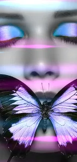 Artistic butterfly covering lips with vibrant purple and blue colors.