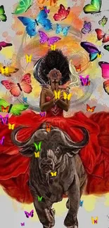 Artistic wallpaper with butterflies and buffalo in vibrant colors.