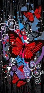 Vibrant butterfly art with colorful swirls on a dark background.