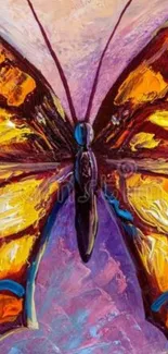 Vibrant artistic butterfly painting with orange and purple hues.