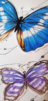 Vibrant butterfly art with blue and purple watercolor on a mobile wallpaper.