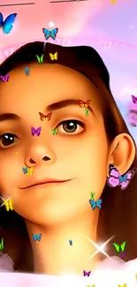 Artistic girl with butterflies in a vibrant mobile wallpaper.