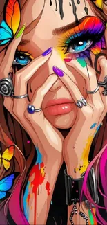 Artistic wallpaper of colorful face with butterflies and vibrant makeup accents.