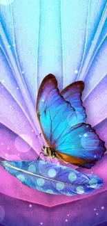 Vibrant blue butterfly on purple abstract background.