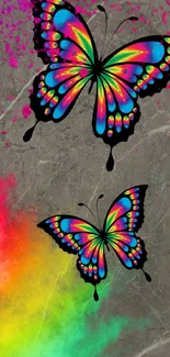 Vibrant butterflies on gray marble wallpaper with rainbow colors.