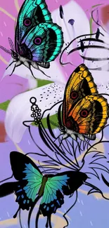 Colorful butterfly art with floral background on wallpaper.