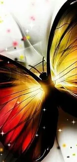 Vibrant butterfly with red and yellow wings on a dynamic background.