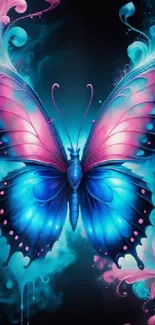 Vibrant butterfly wallpaper with blue and pink tones for mobile devices.