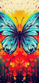 Vibrant butterfly with colorful background, featuring bold cyan and orange hues.