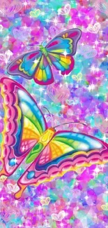 Colorful butterfly wallpaper with vibrant patterns and purple background.