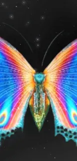 Vibrant butterfly with colorful wings against a starry background.